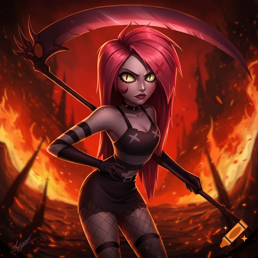 Cartoon character with red hair, green eyes, scythe, fishnets against a fiery background.