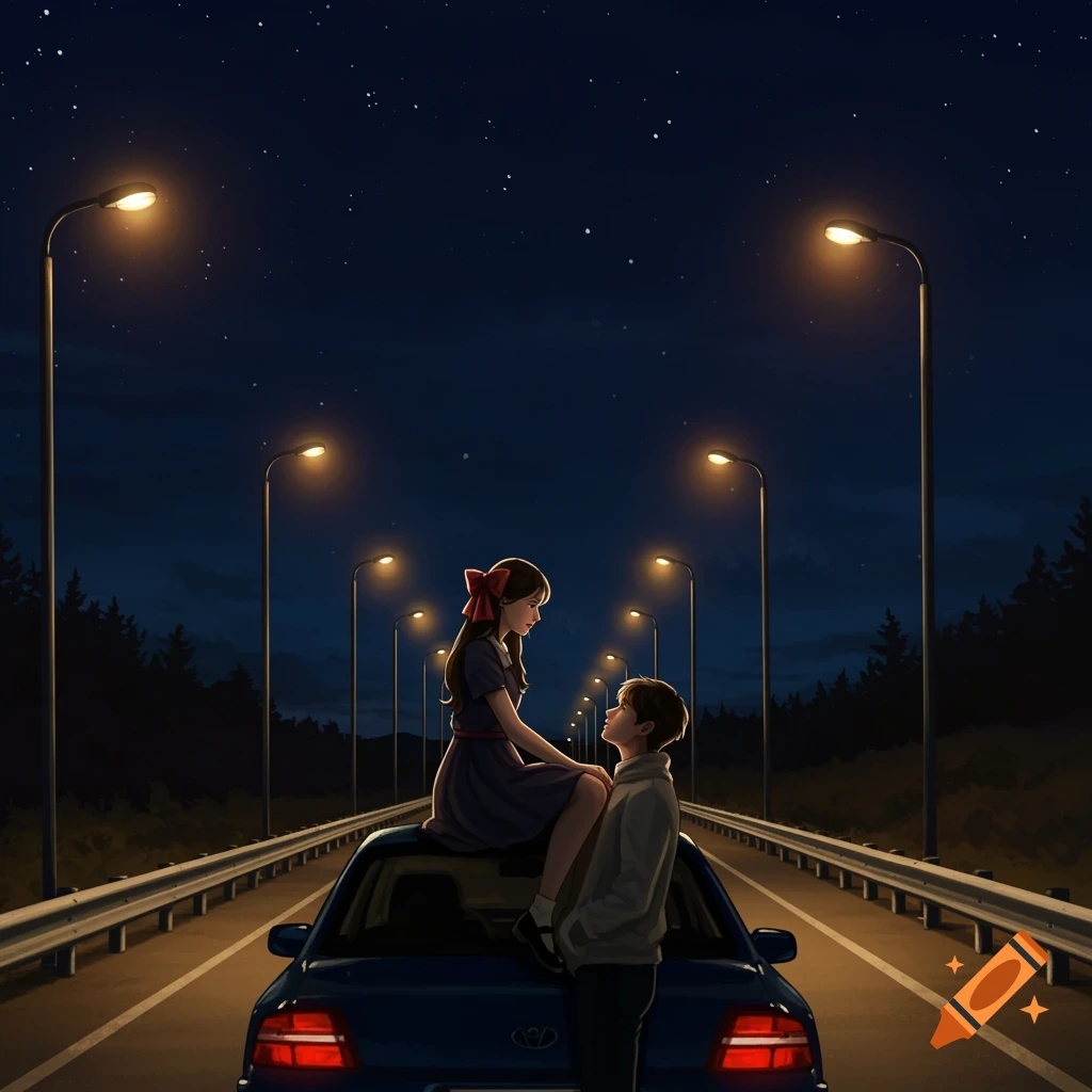 Illustration of a couple on a car on a highway at night with lamp posts.
