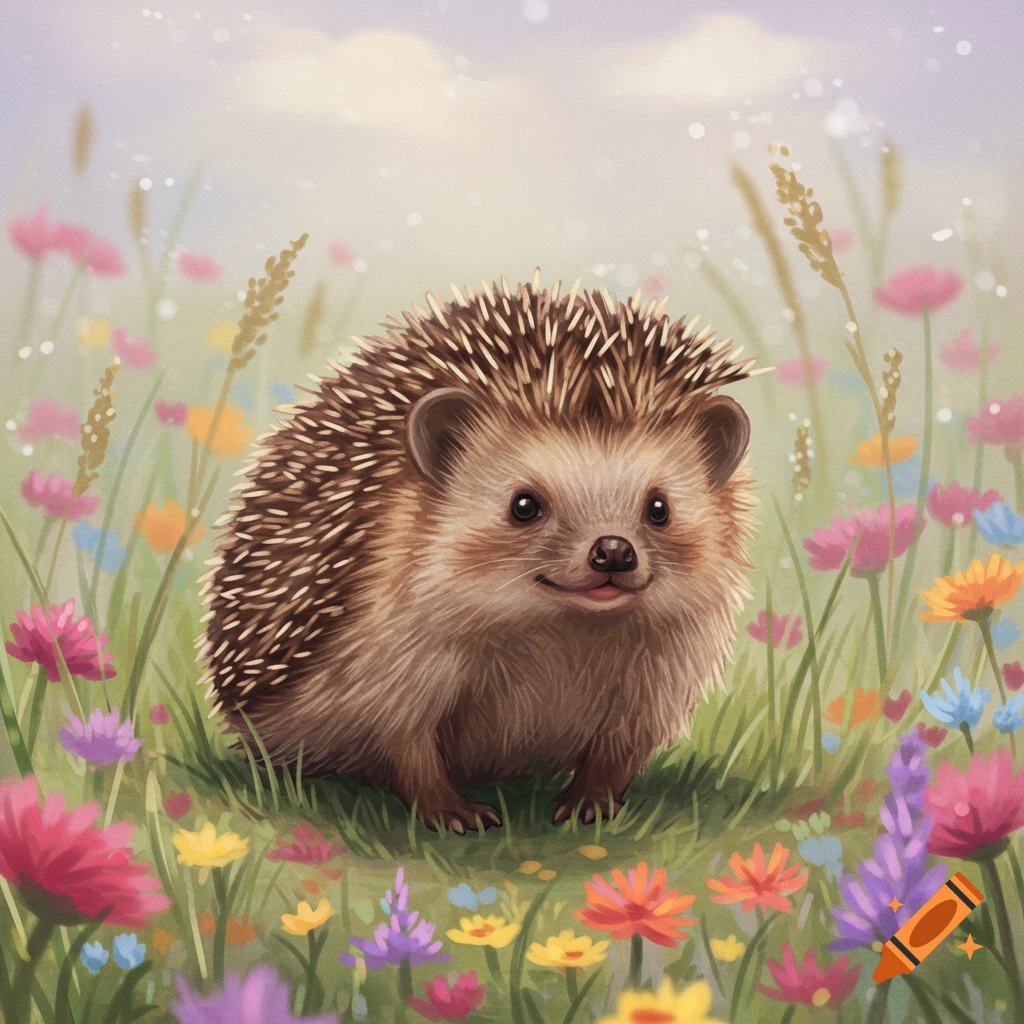A cute hedgehog sits among colorful wildflowers.