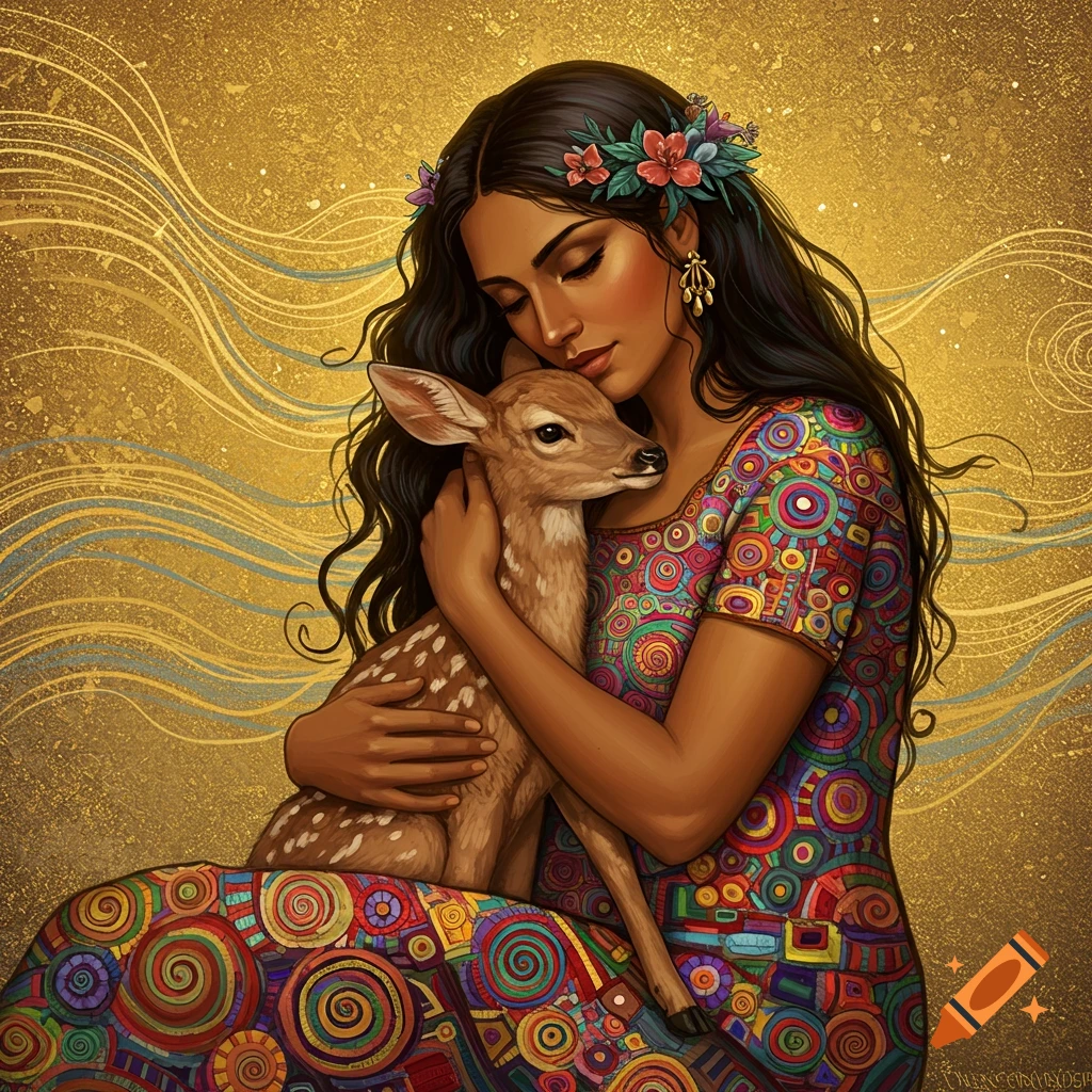 A woman holding a fawn, wearing a vibrant patterned dress against a gold background.