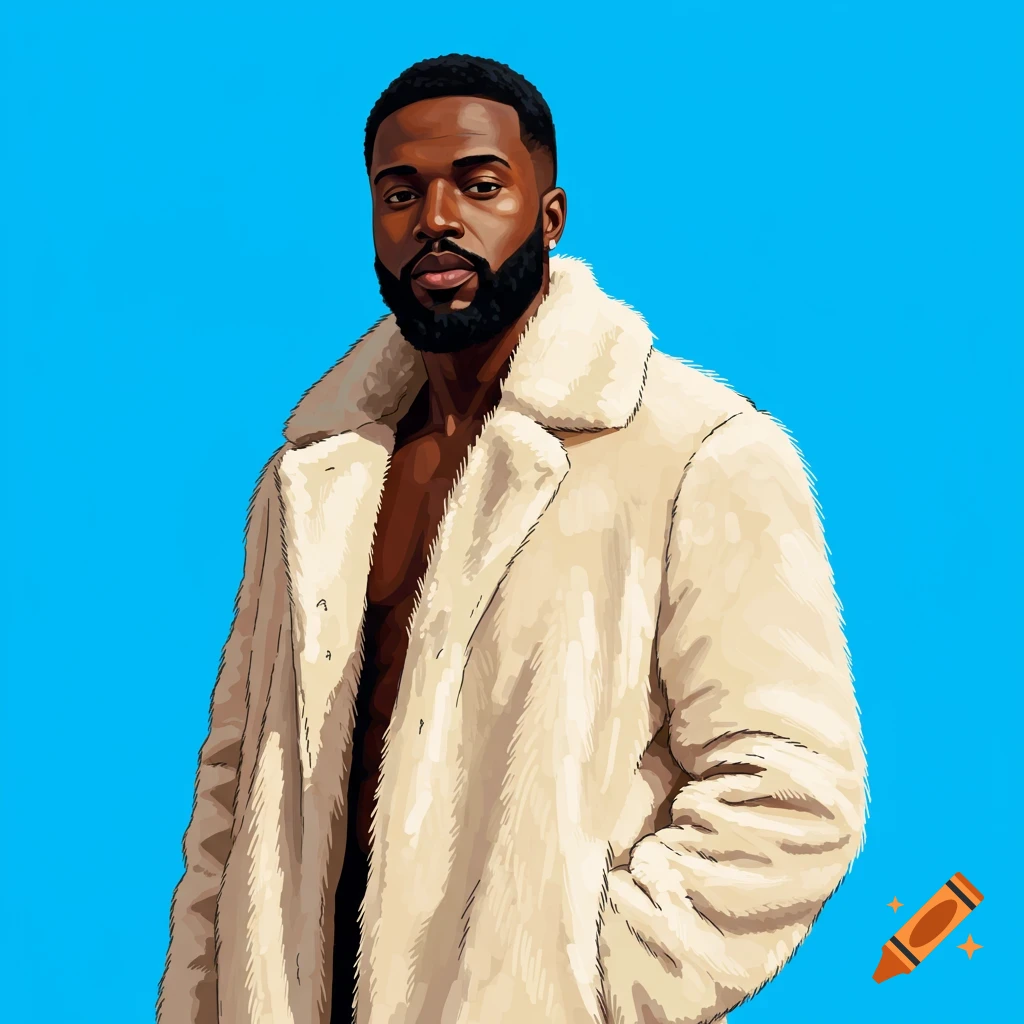 Portrait of a Black man wearing a cream faux fur coat against a blue background.