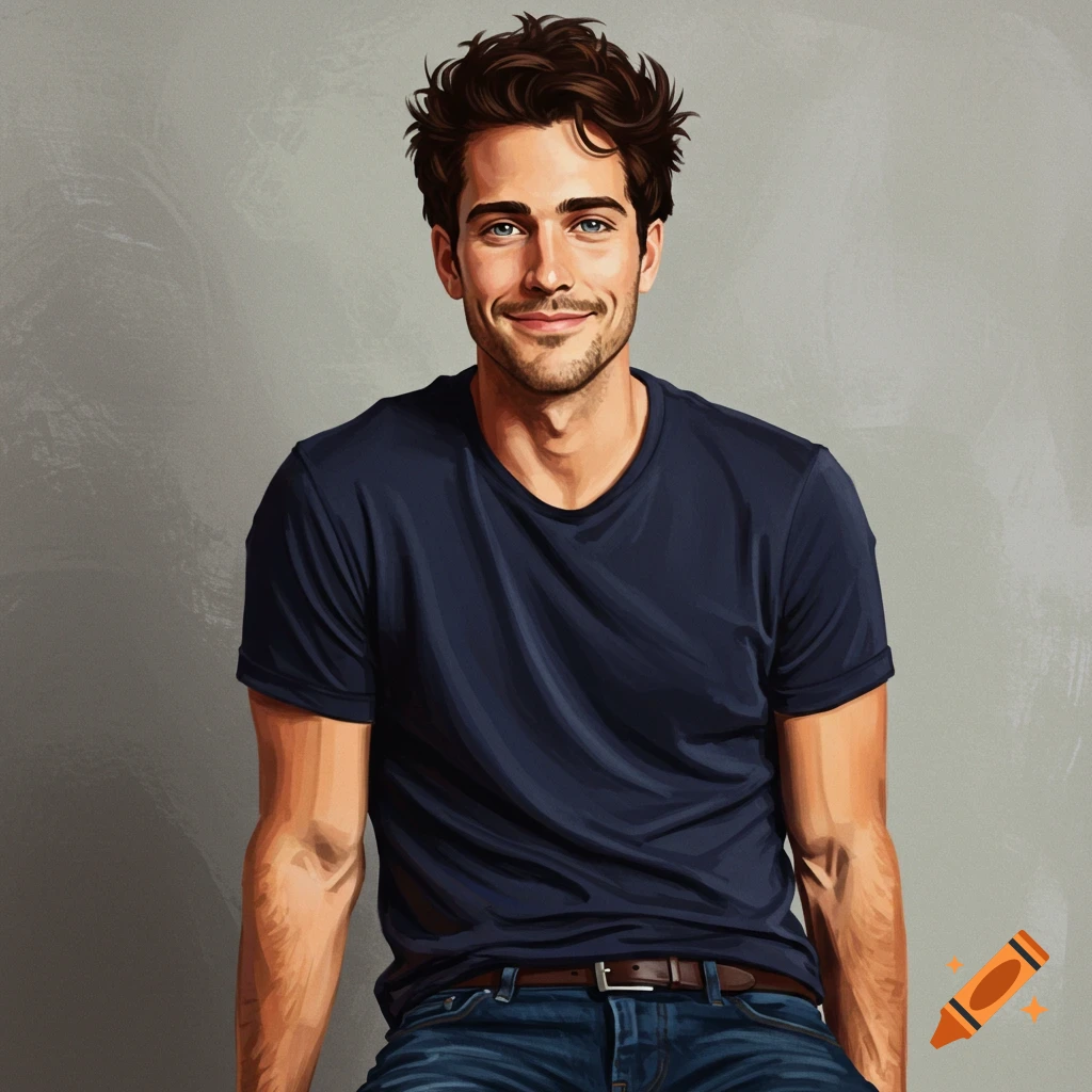 A smiling man wears a navy t-shirt and jeans.