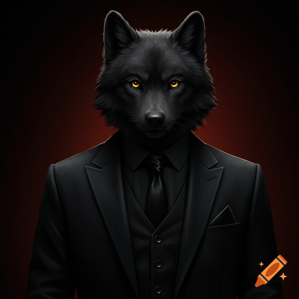 A black wolf wearing a black suit and tie with golden eyes against a dark background.