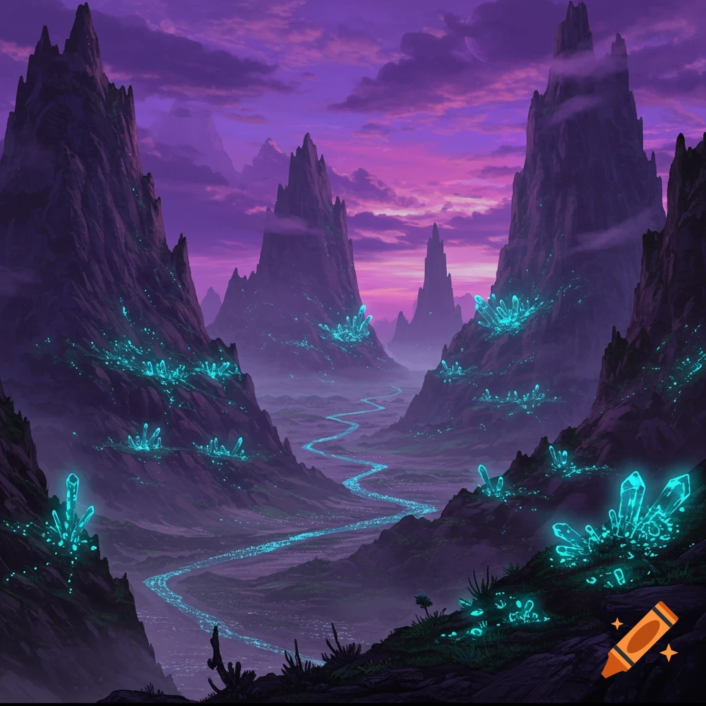 A fantasy alien landscape featuring purple mountains, glowing blue crystals, a winding river, and a pink and purple sky.