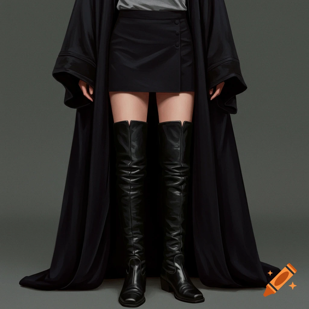 A woman wearing a black skirt, coat, and tall leather boots.