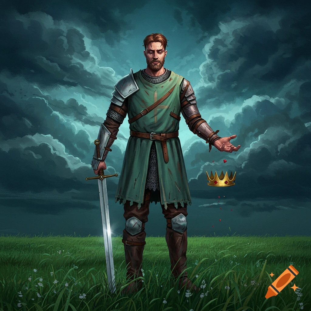 A knight in green tunic and armor holding a sword, standing before a crown on the grass with stormy clouds above.