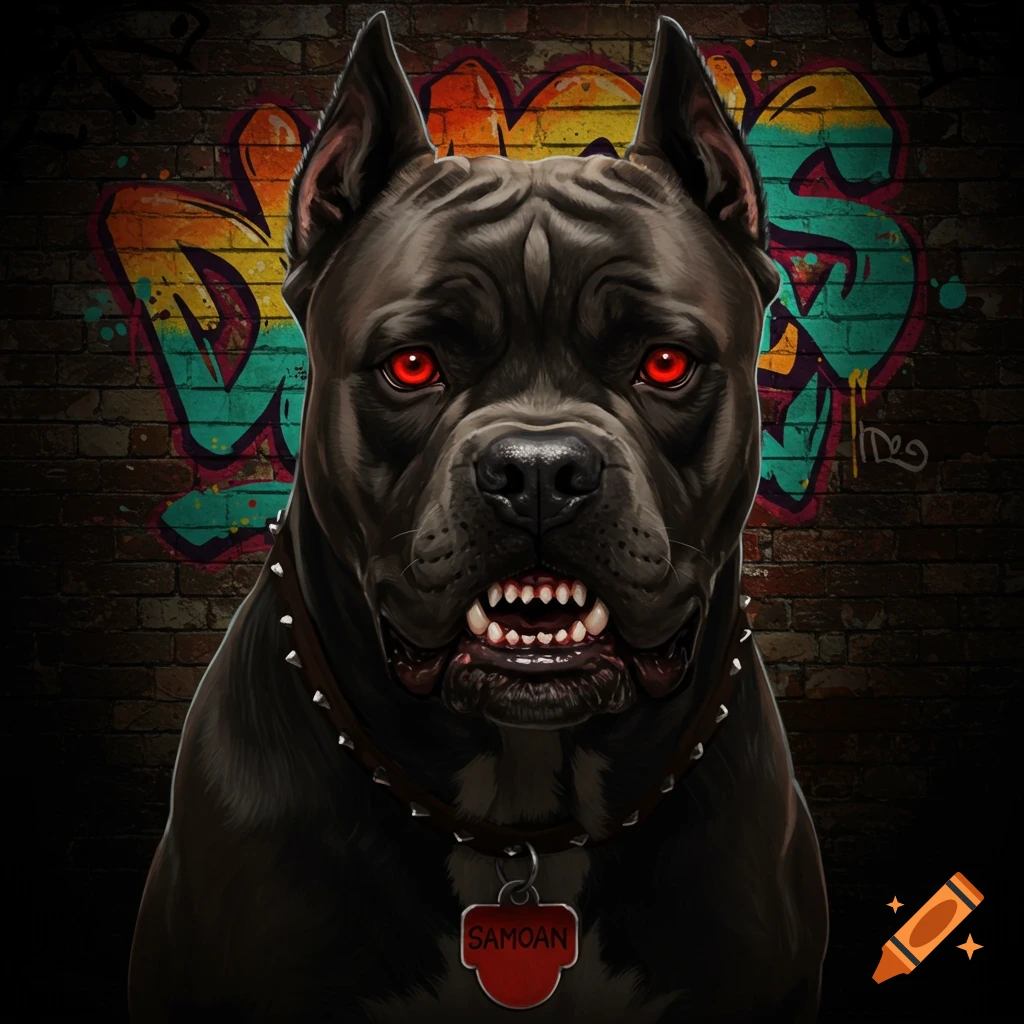 A black Cane Corso dog with red eyes and sharp teeth wears a spiked collar, standing against a graffiti-covered brick wall.