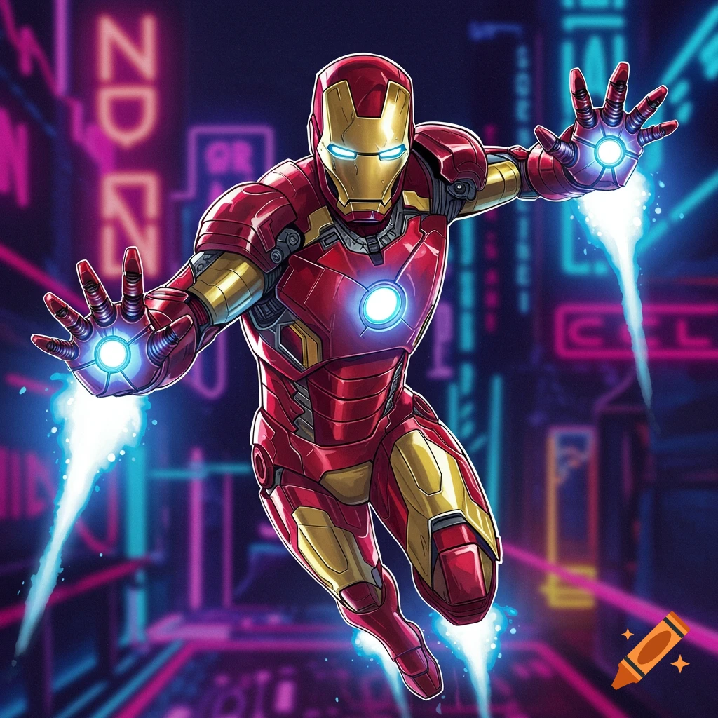 Iron Man flying through a neon-lit city street, digital art.