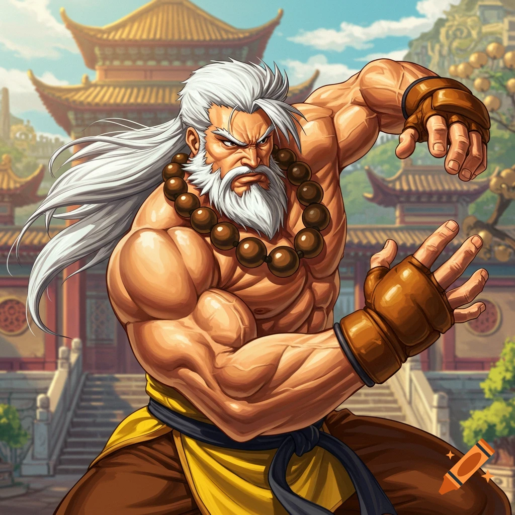 Muscular martial artist with white hair in fighting pose in front of a temple