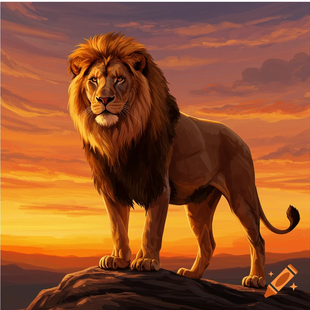A lion stands on a rock at sunset.