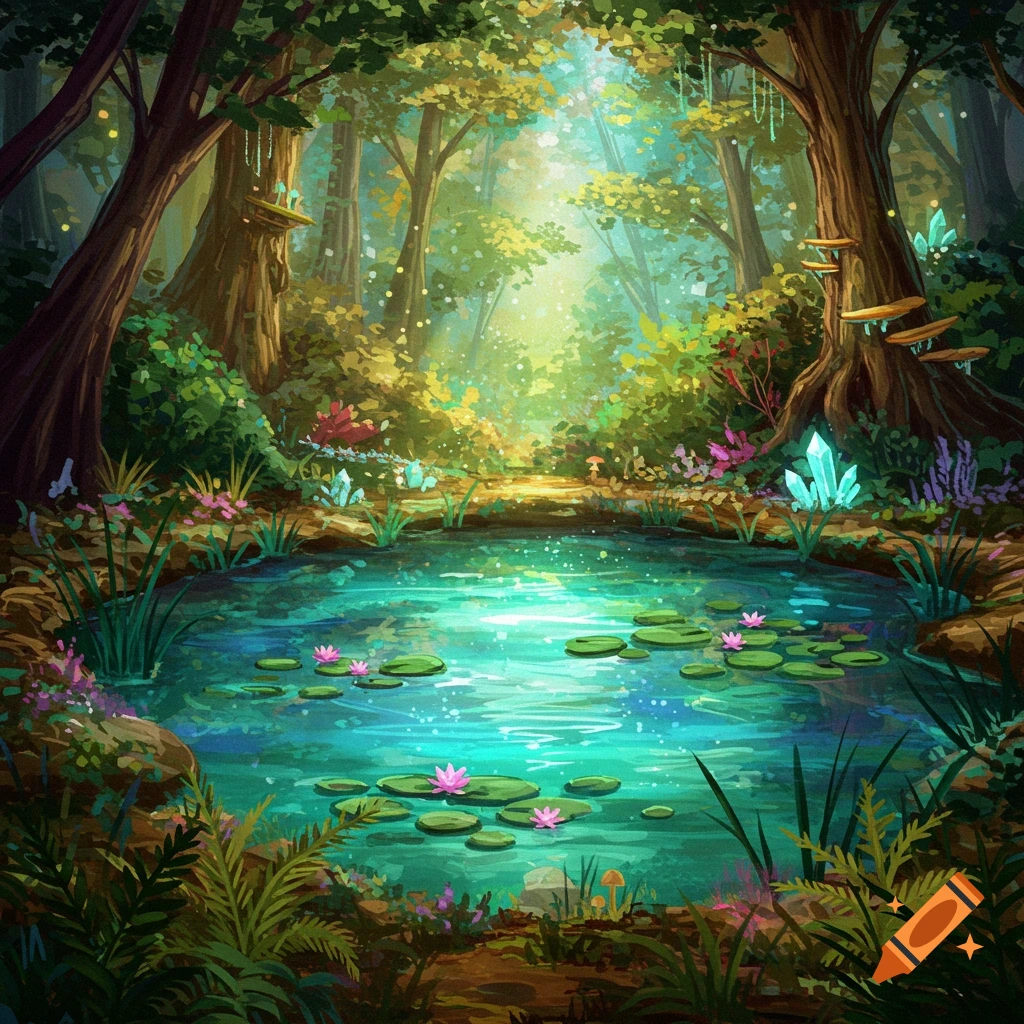A magical forest pond with lily pads, glowing crystals, and sunlight