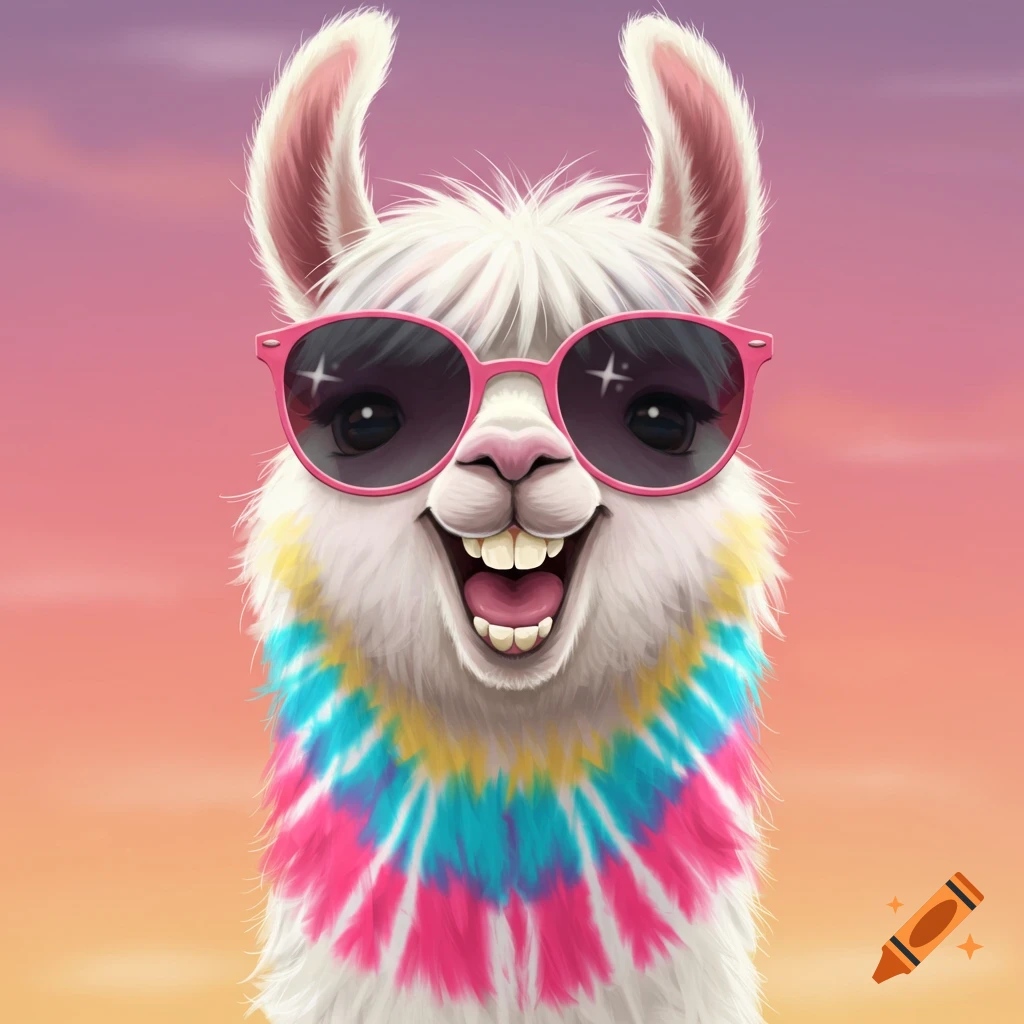 A smiling tie-dyed llama wearing pink sunglasses