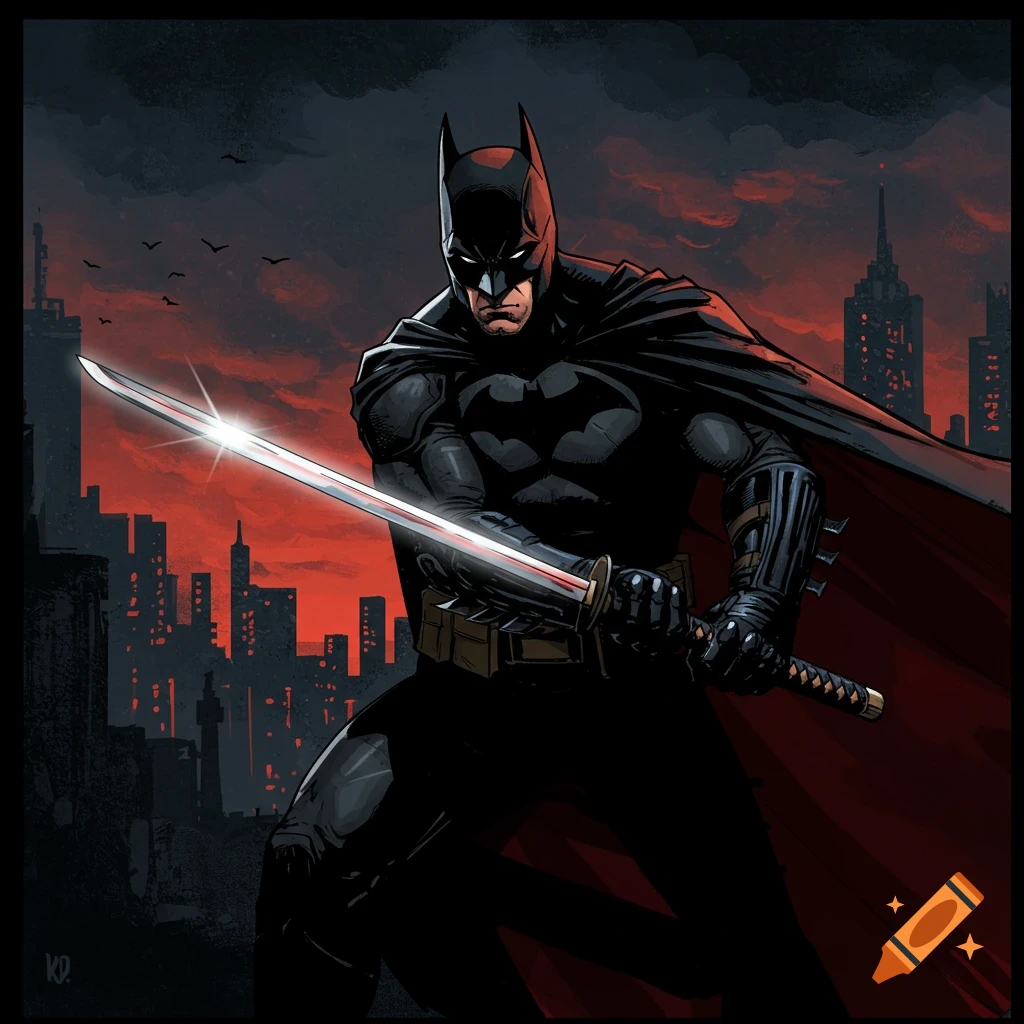 Batman holding a sword in front of a city skyline at sunset.