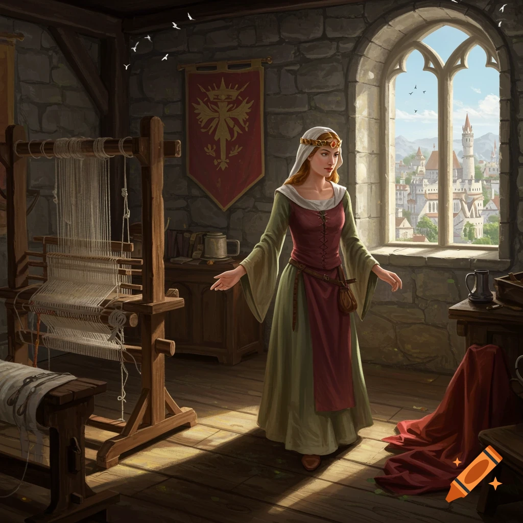 A medieval woman stands by a loom, looking out a large gothic window at a castle city.