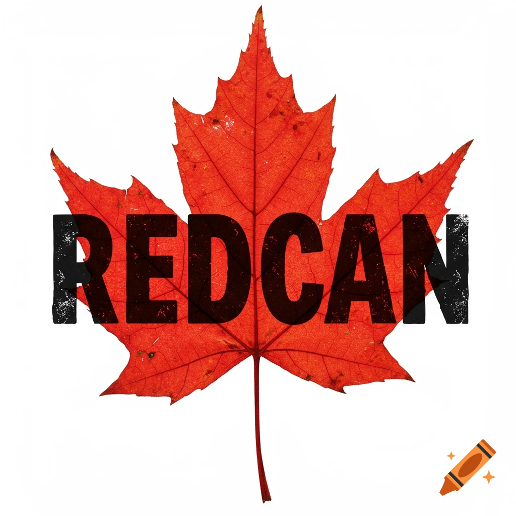 Red maple leaf with the word REDCAN in black text overlayed