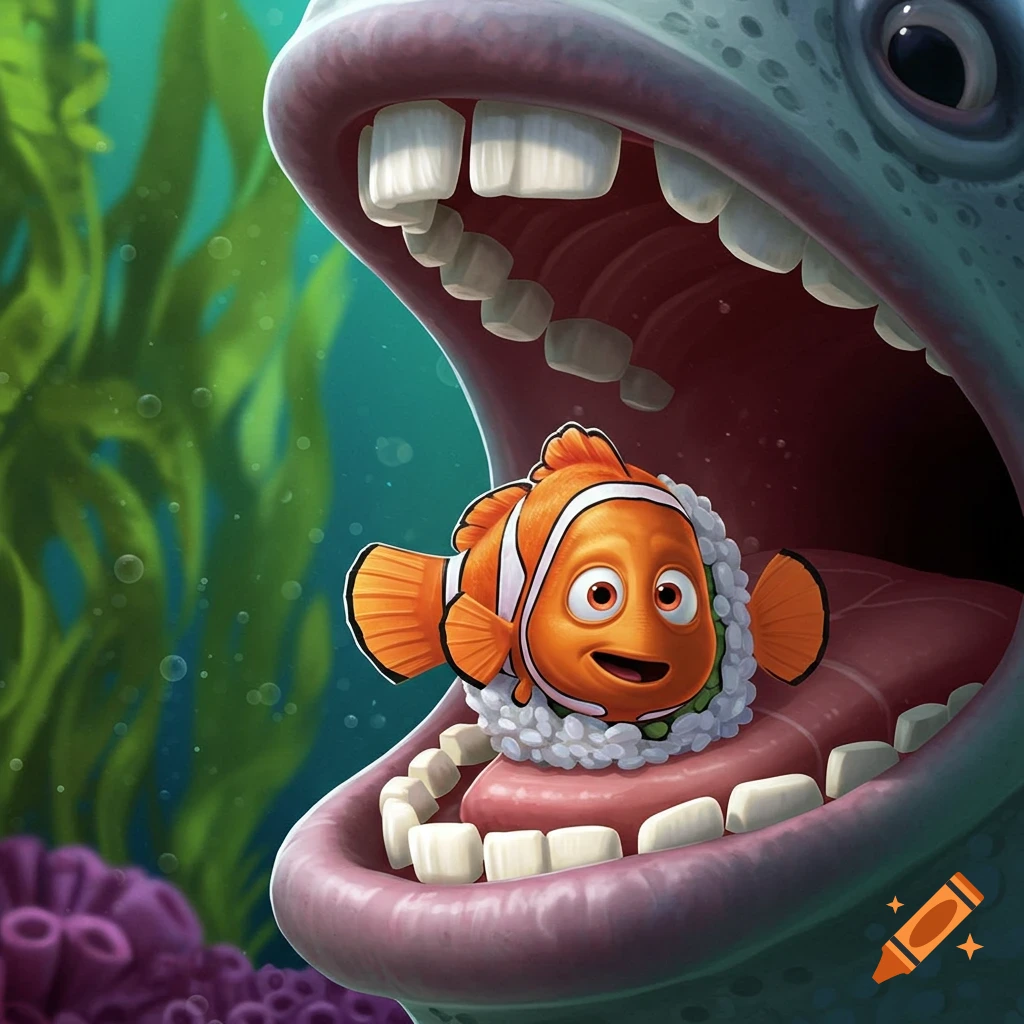 The cartoon fish Nemo is styled as sushi inside the mouth of a large fish underwater.