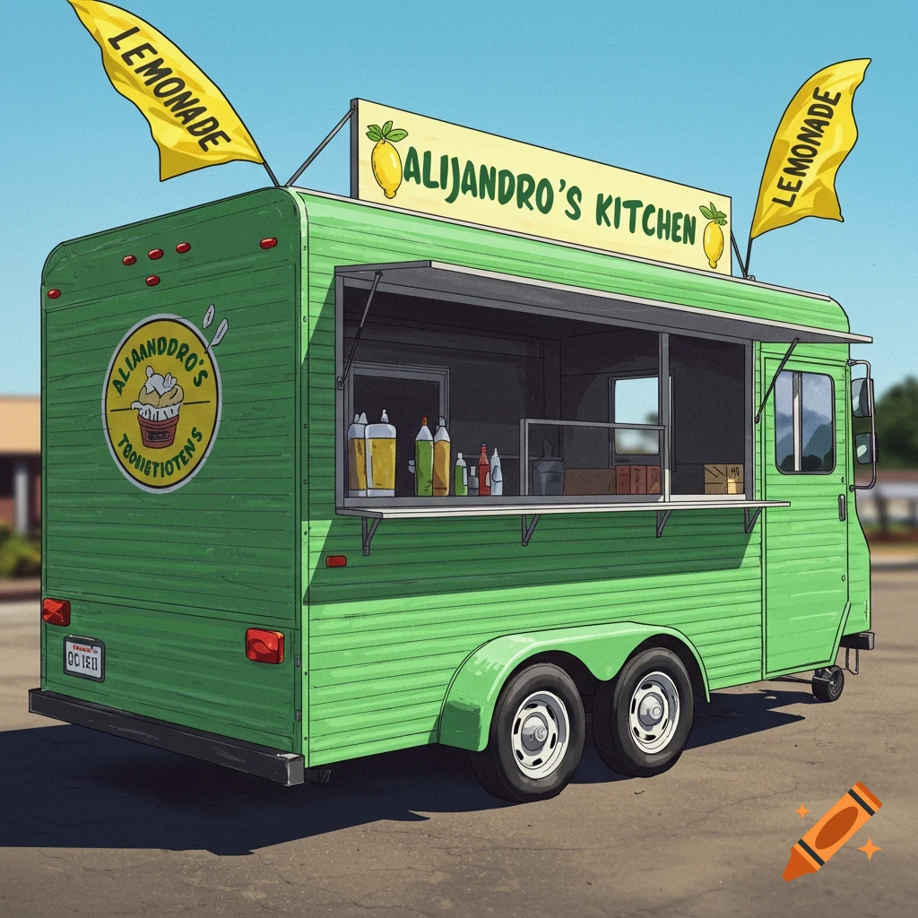 A green food truck with Lemonade flags and Alijandro's Kitchen sign.