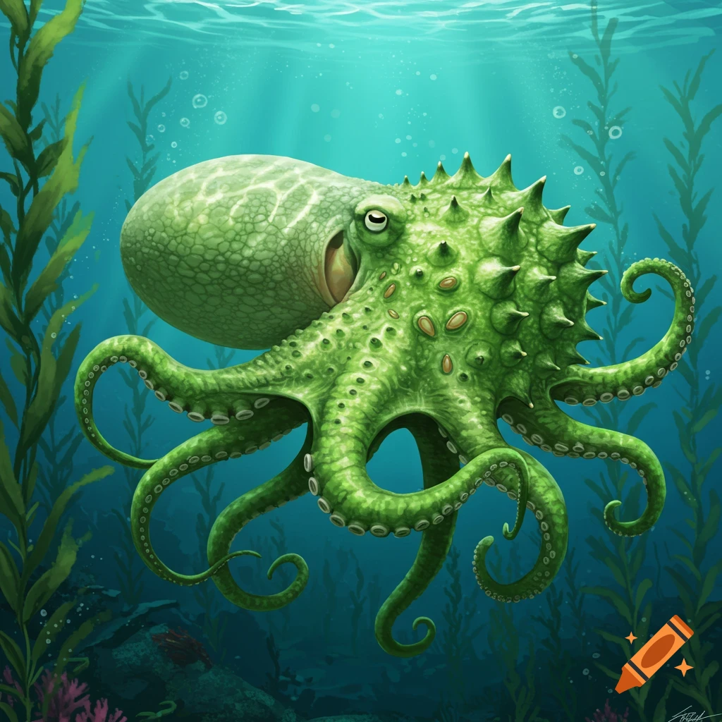 A green, spiky octopus swims underwater among kelp.