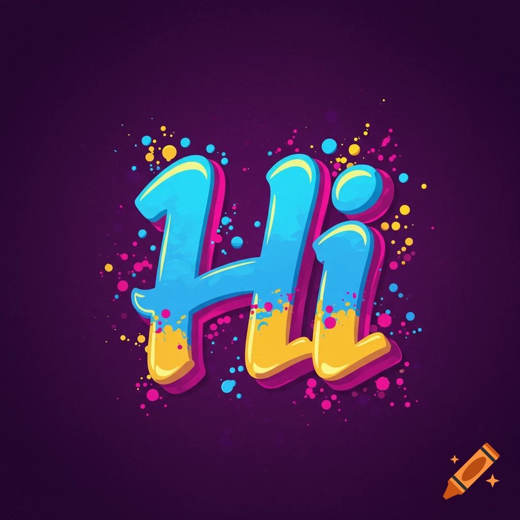 Stylized image of the word "Hi" in bright blue and yellow with pink and yellow splatters on a purple background.