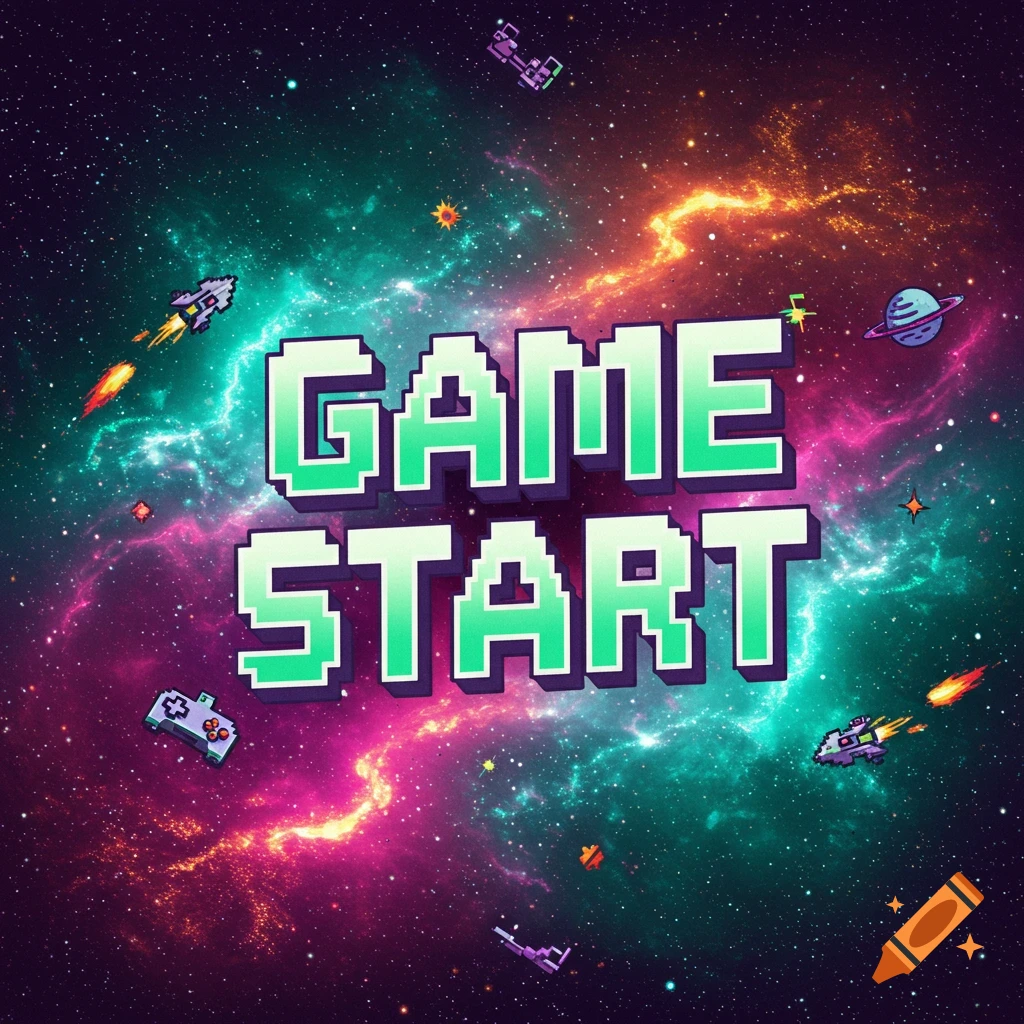 Pixelated text 'GAME START' in a space scene with spaceships and planets.