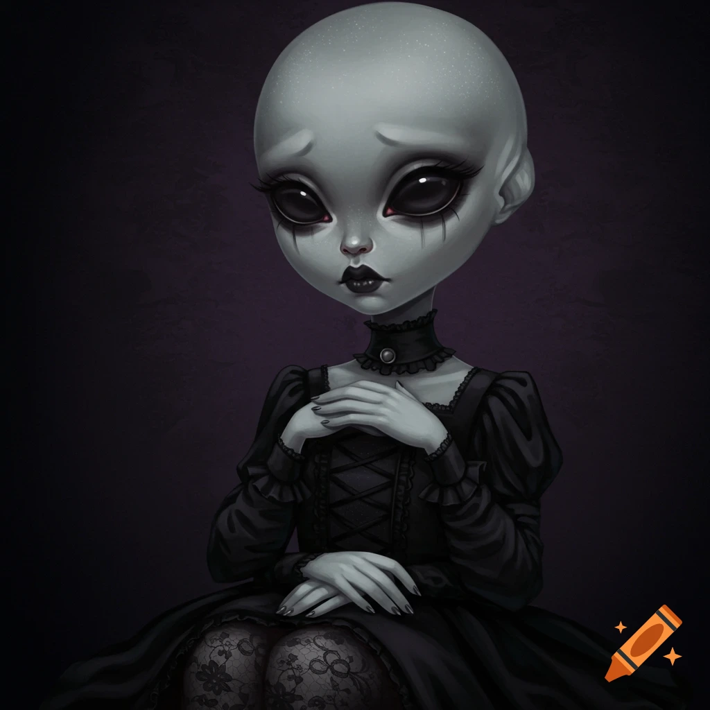 A cute grey alien girl with big eyes and gothic clothing.