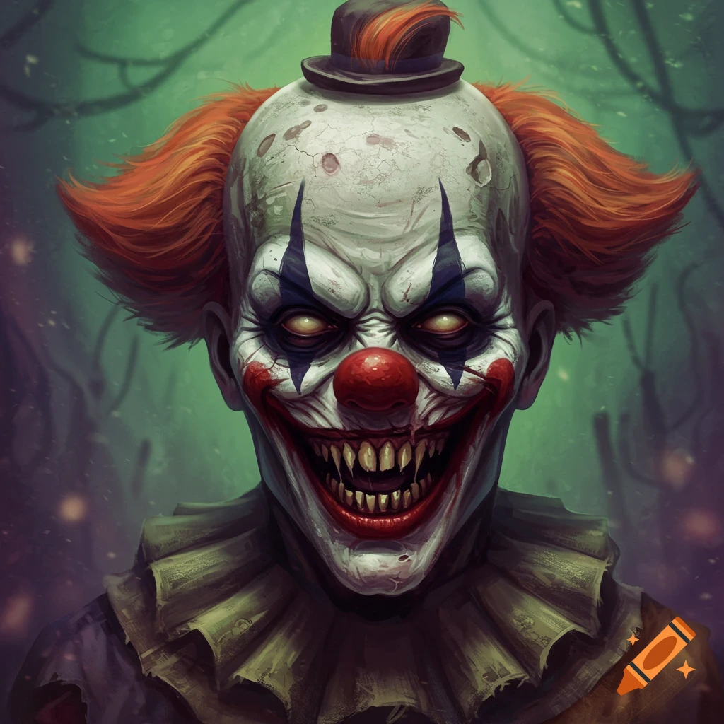 A close-up of a scary clown zombie with sharp teeth and bright orange hair.
