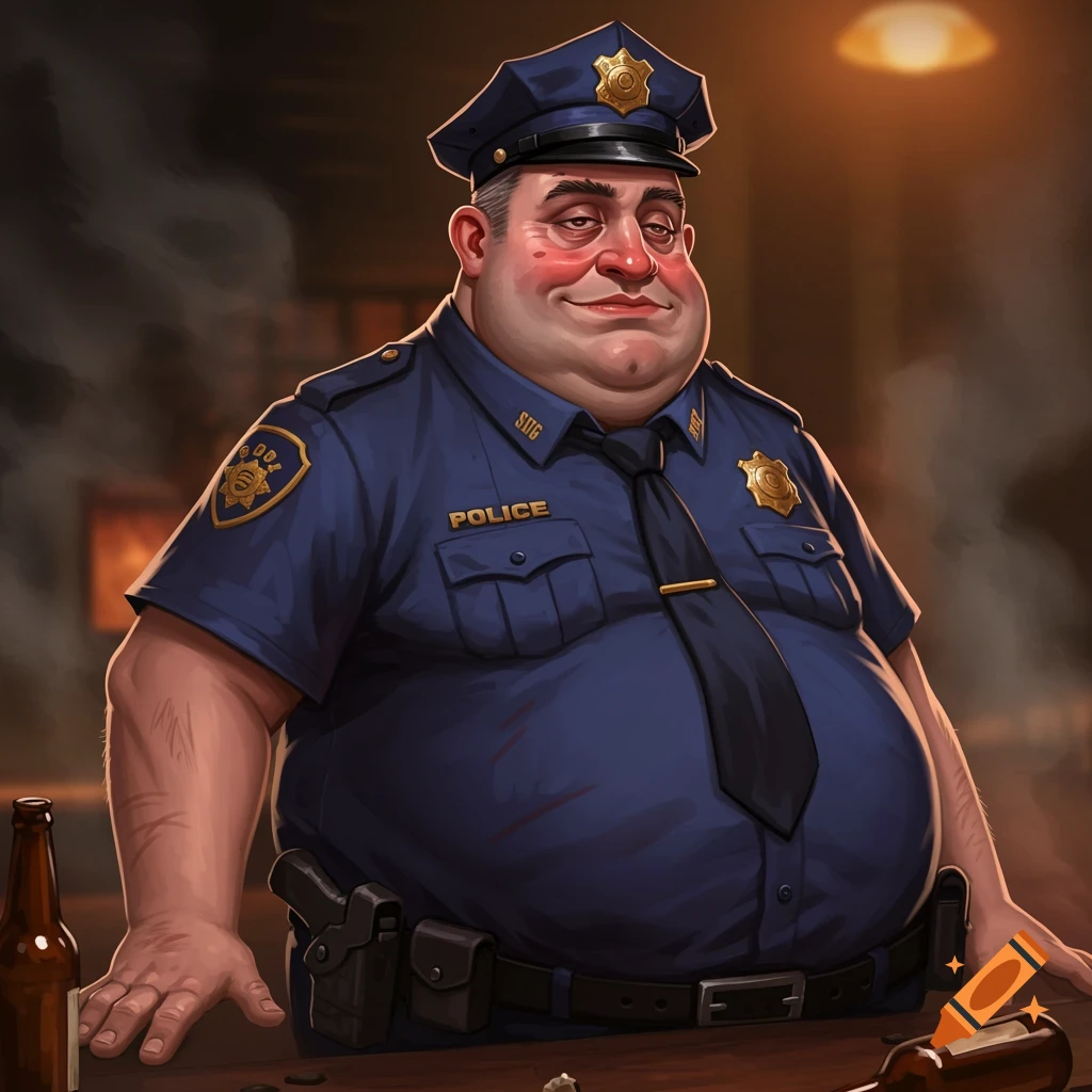 Cartoon of a portly, dishevelled police chief standing at a bar with empty bottles.