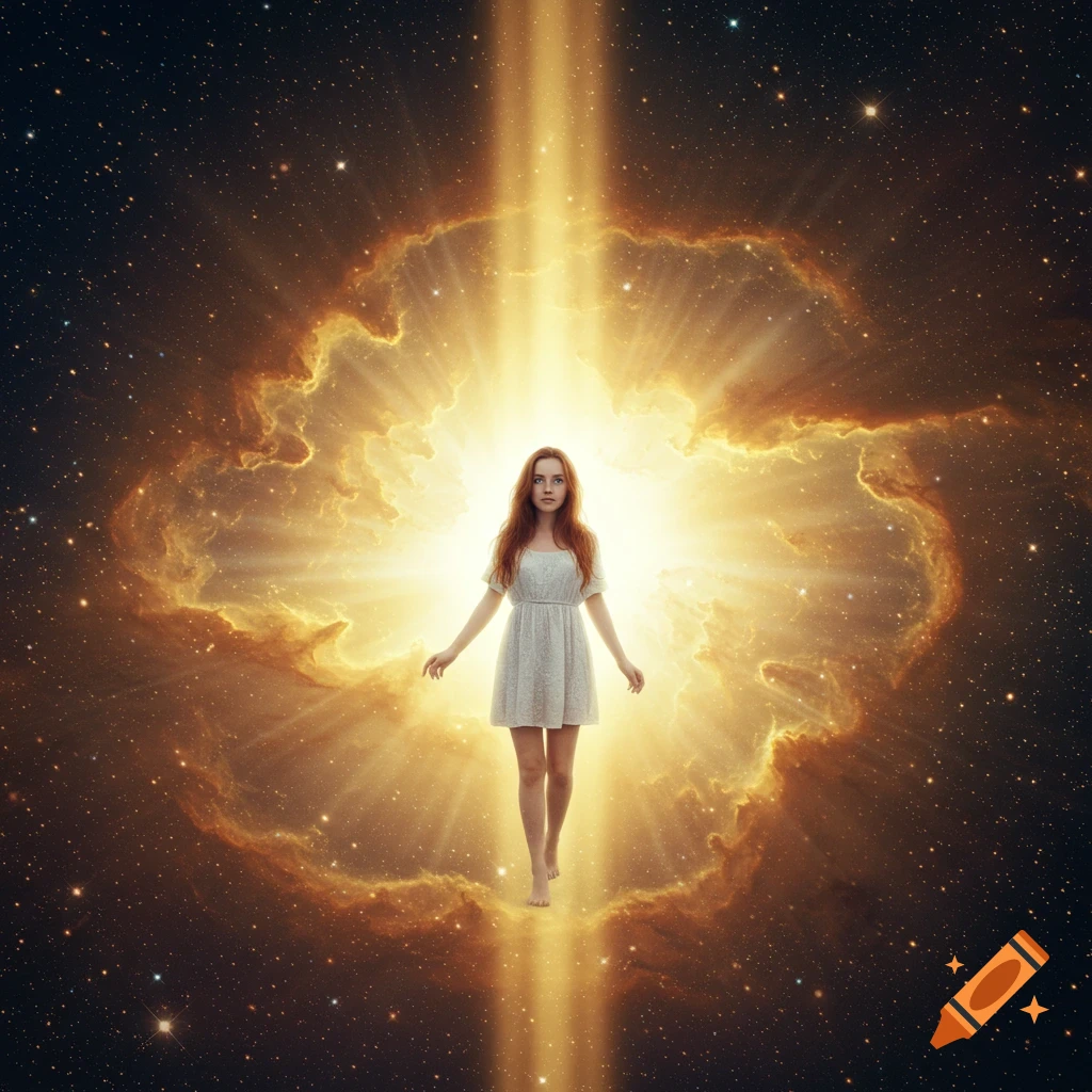 A woman in a white dress floats within a bright light beam and golden nebula in space.