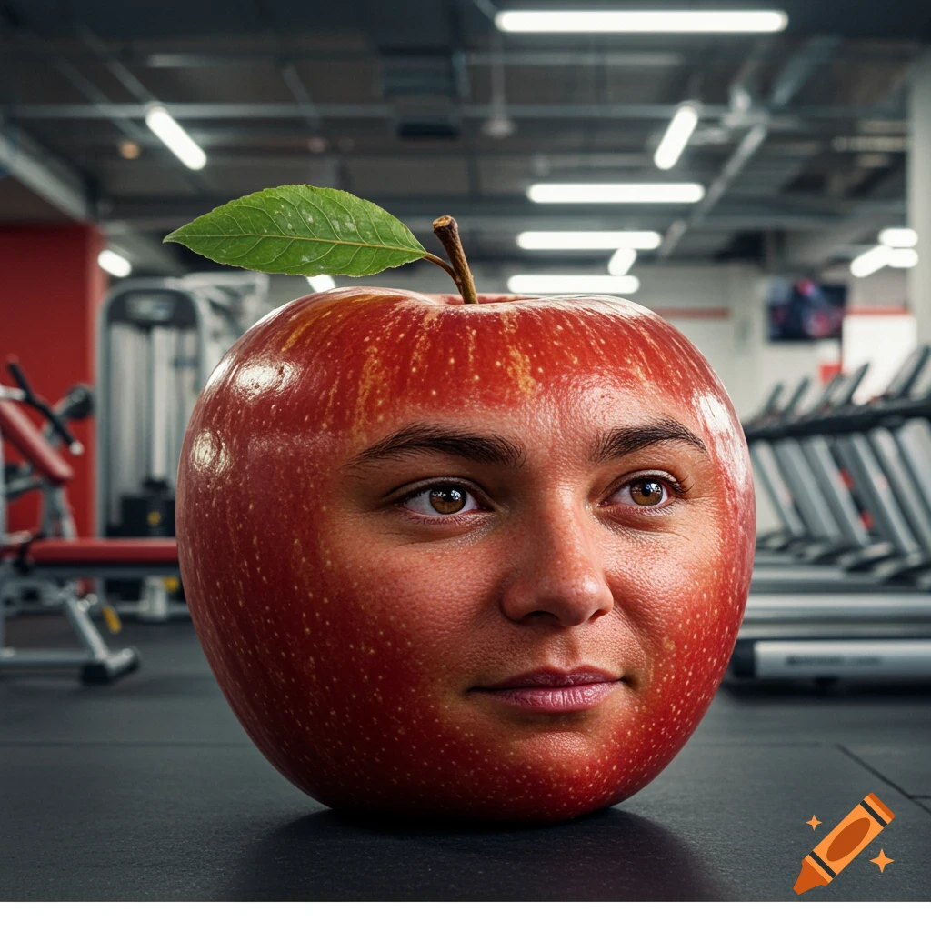 A red apple with a human face sits on the floor of a gym.