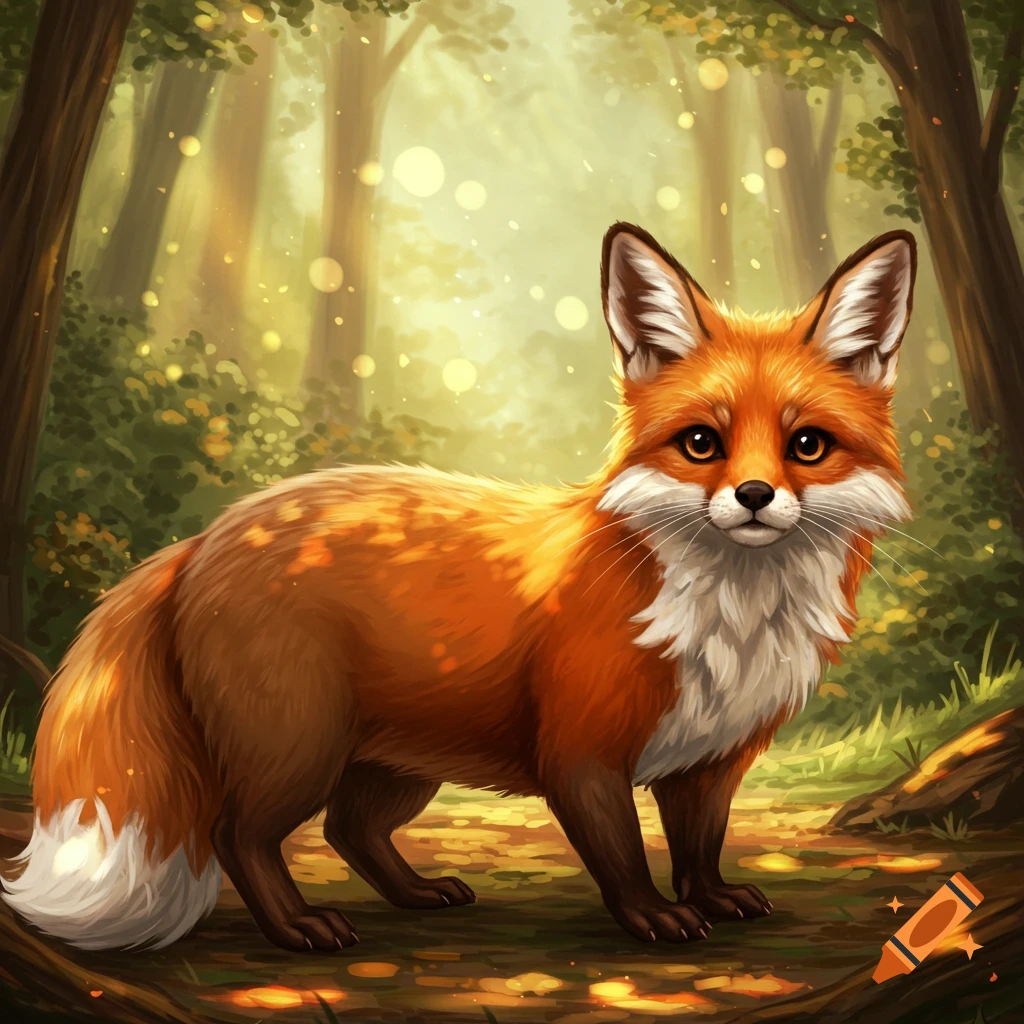 A fox standing in a sunlit forest.