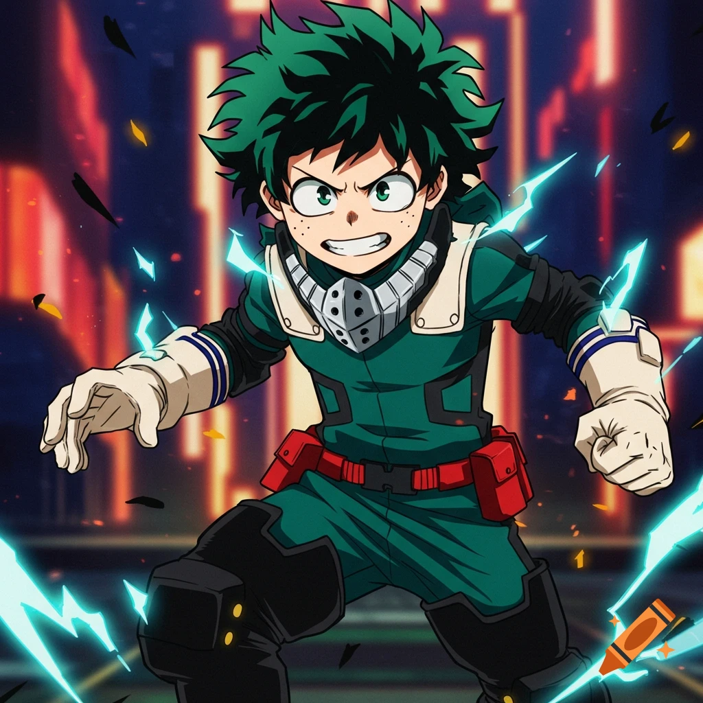 Deku in his hero costume stands in a city with energy crackling around him, anime style.