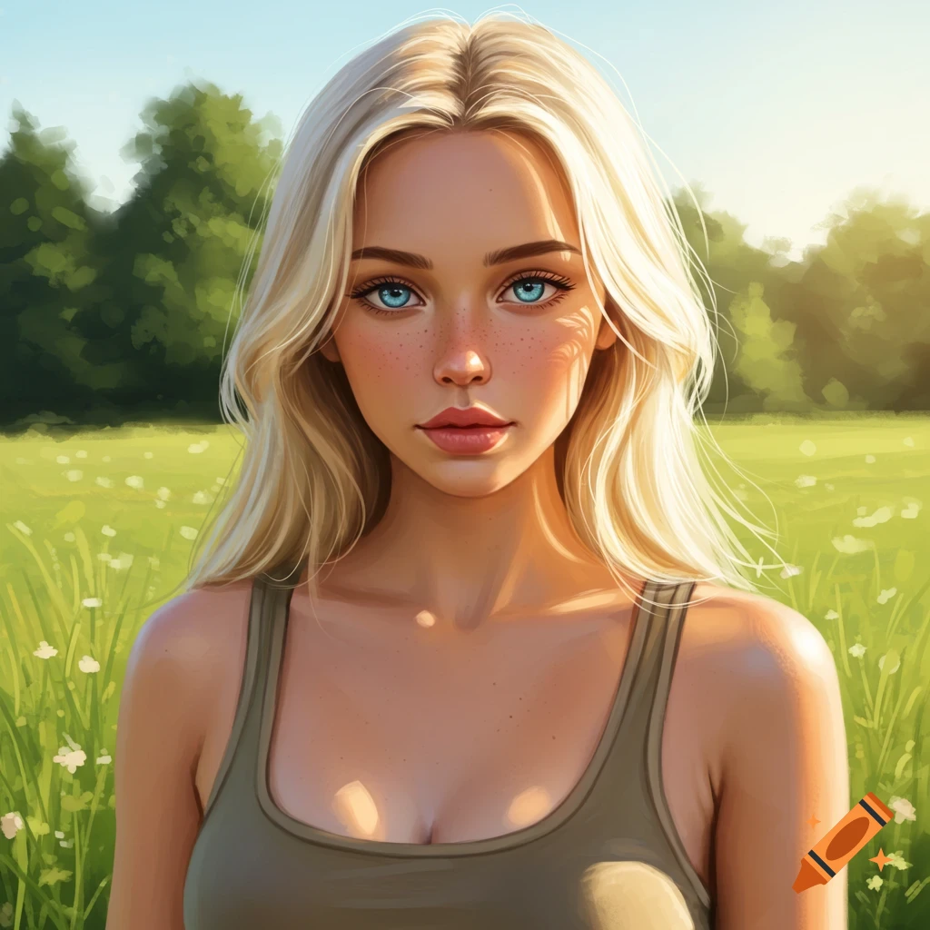 A young blonde woman with blue eyes is in a sunlit meadow.