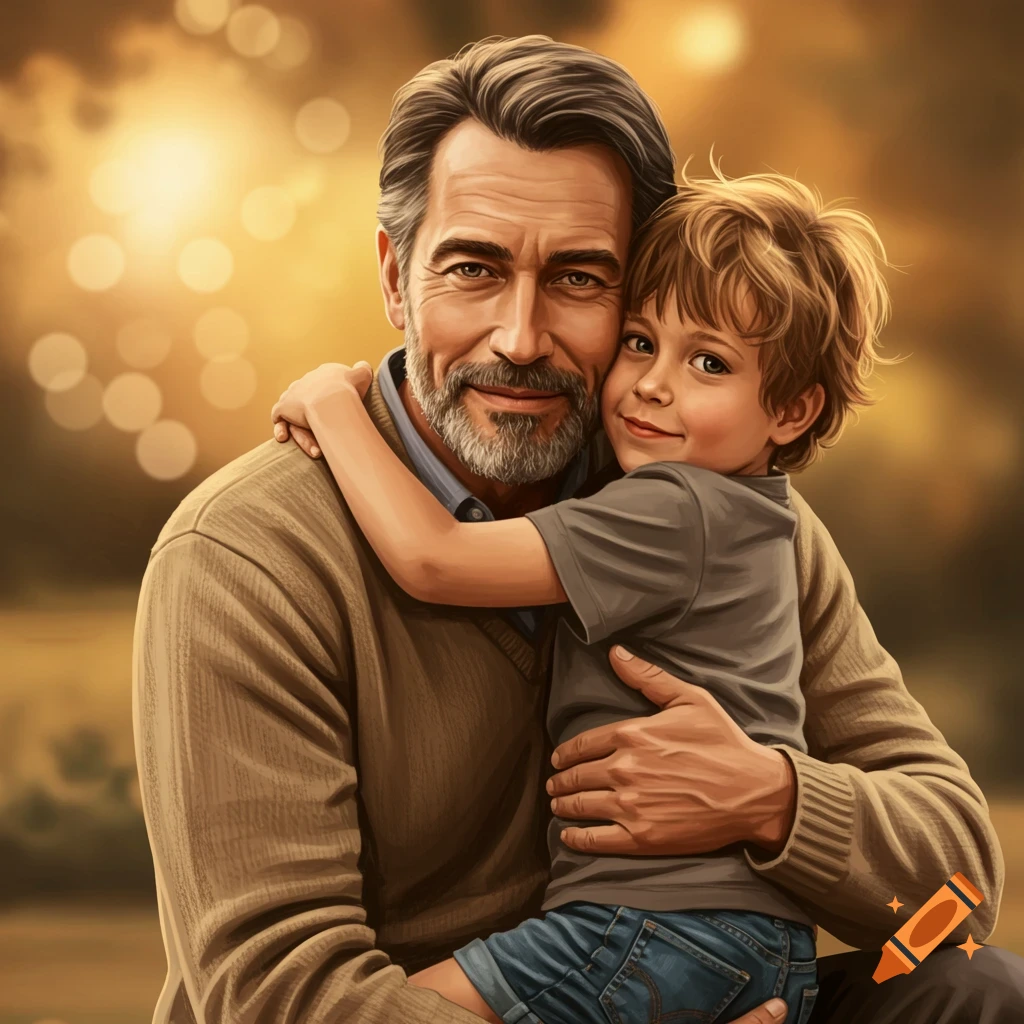 A man embraces a young boy.