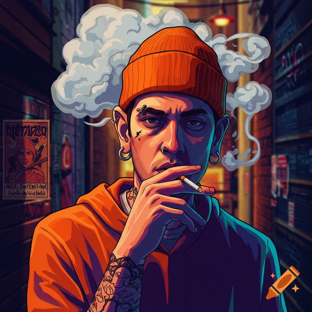 Image of a man smoking with piercings and an orange beanie in an urban alley.