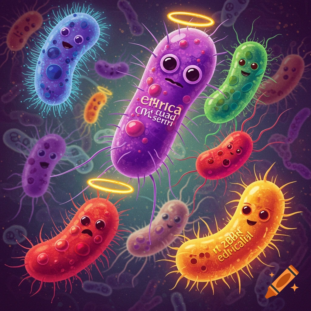 Cartoon bacteria of different colors, some with halos, floating in a dark background.