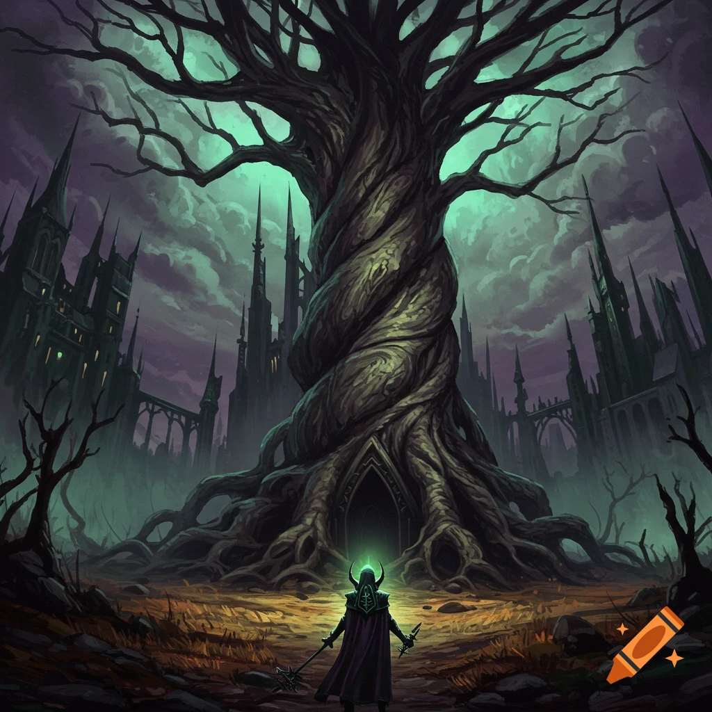 A large, twisted tree with an entrance at its base, standing in a gothic kingdom landscape with spired buildings and stormy sky, a robed figure stands in the foreground.