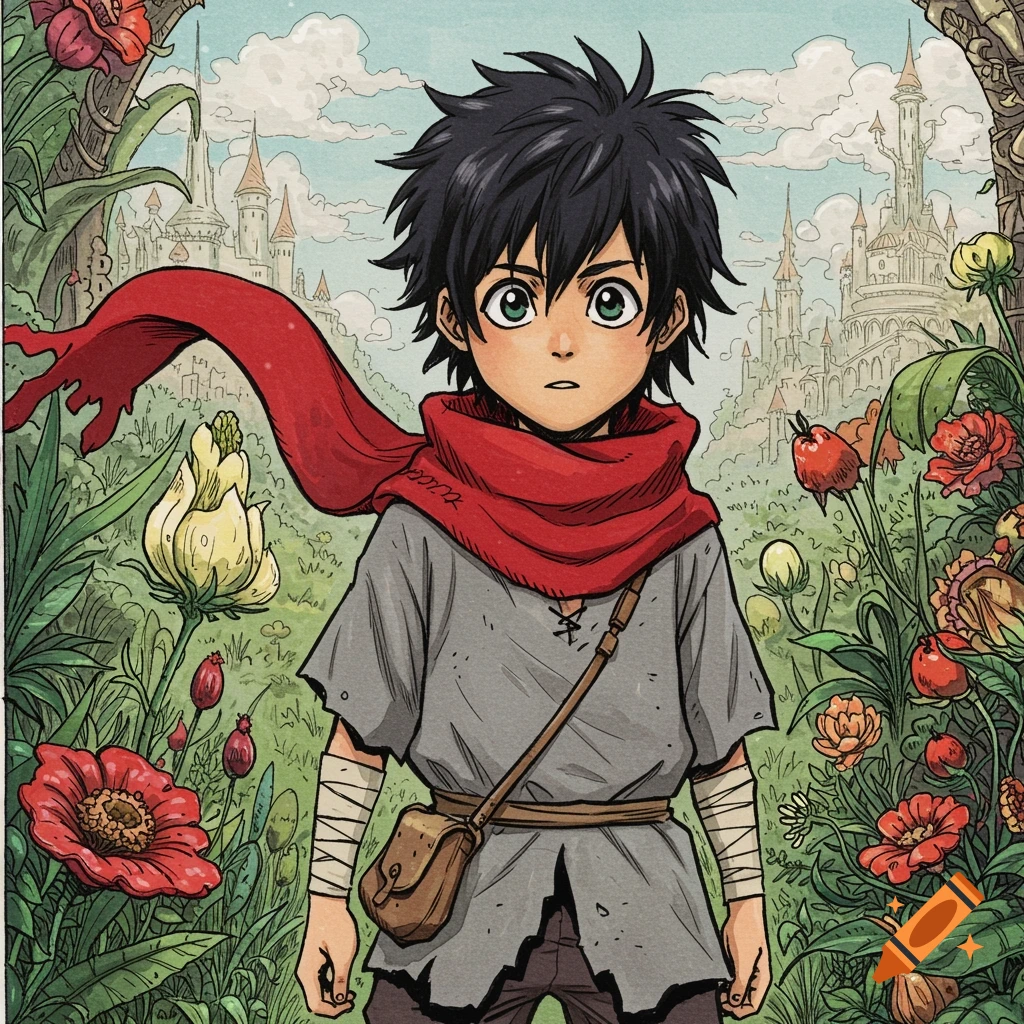 Illustration of a young boy with a red scarf in a fantasy world with flowers and castles.