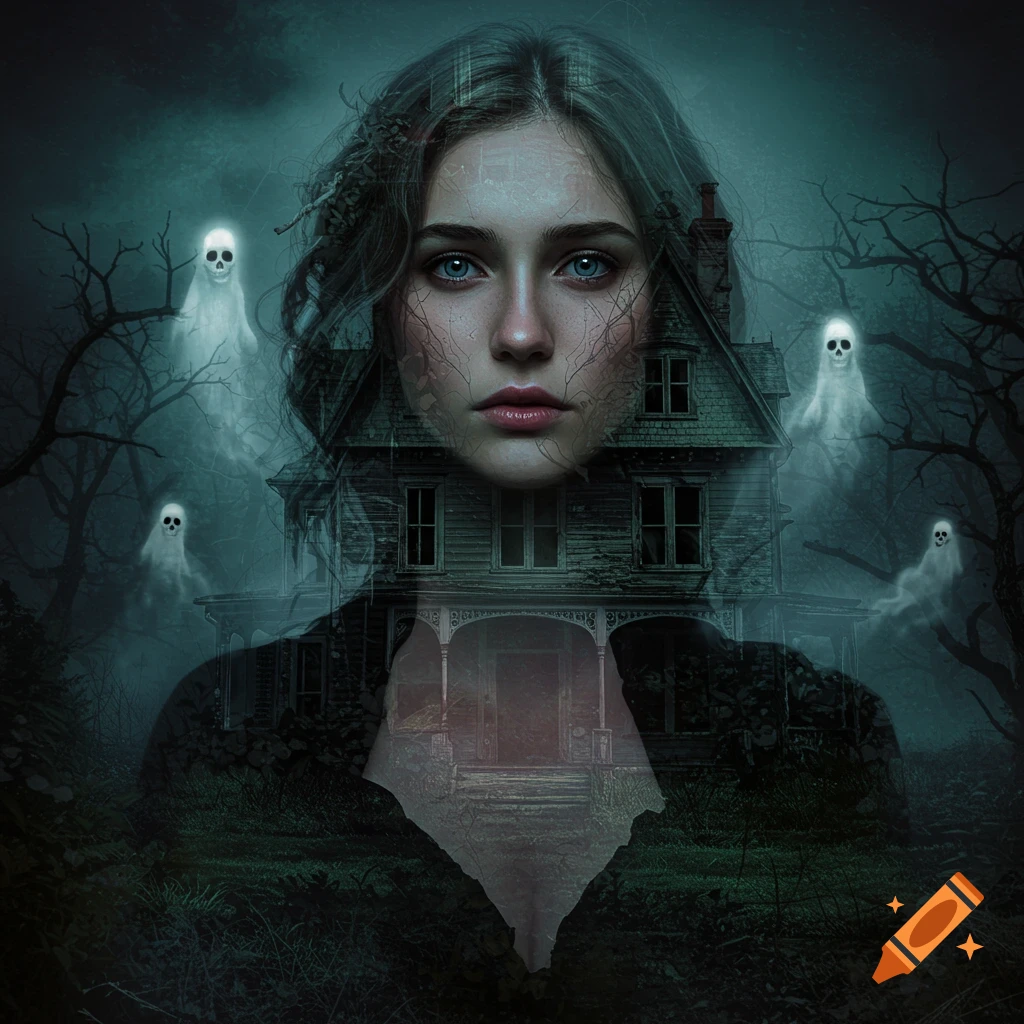 A woman's face is layered over a haunted house with ghosts.