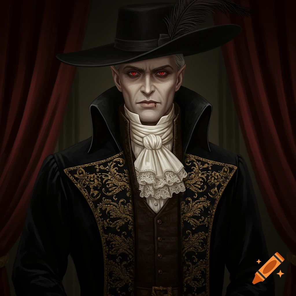 a vampire in Victorian clothes and hat against red curtains