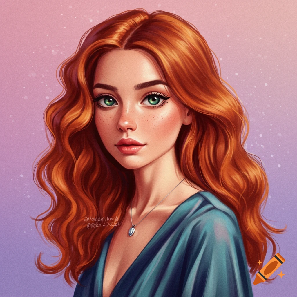 Illustration of a woman with red hair and blue eyes in a green dress ...