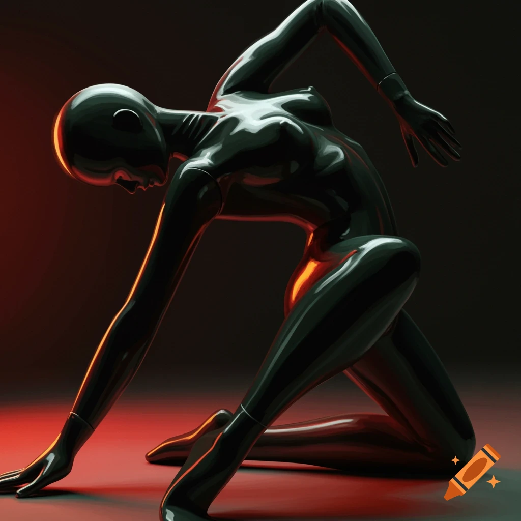 A glossy black mannequin is in a contorted pose with dramatic red lighting.