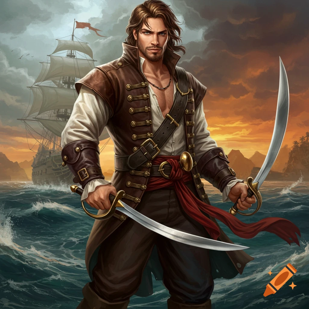 A male pirate with two swords stands in rough seas, a ship behind him under a dramatic sky.