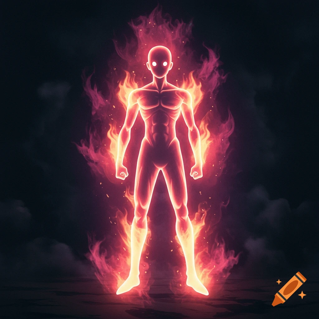 A glowing humanoid figure engulfed in flames stands in darkness.