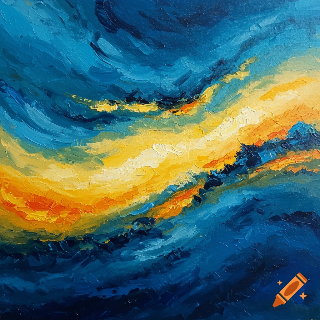 Abstract painting with thick impasto brushstrokes of blue and yellow.