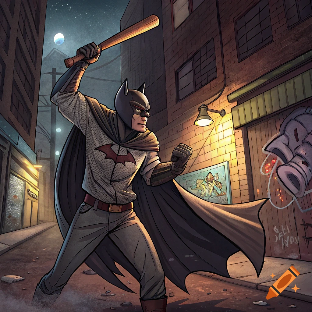 Comic book illustration of Batman in an alley at night, holding a baseball bat.