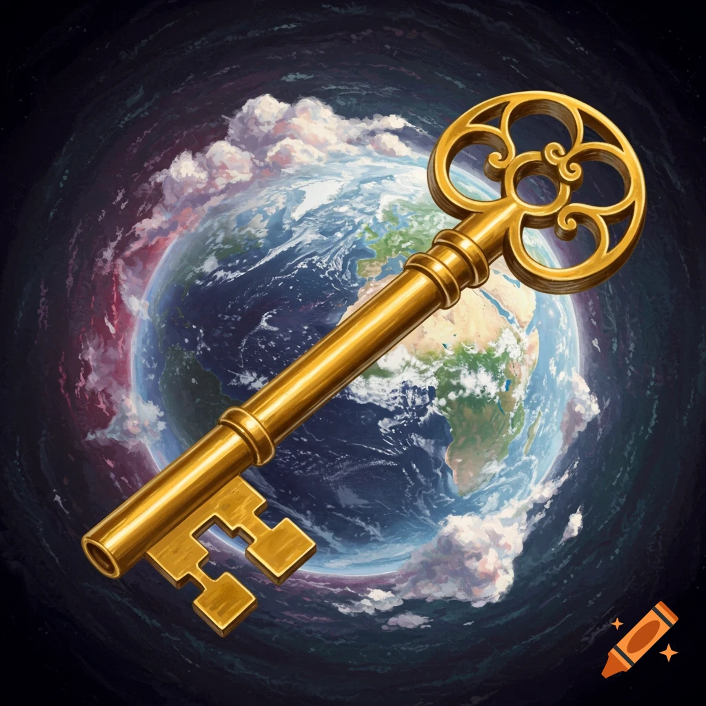 A golden key floats over the Earth from space.