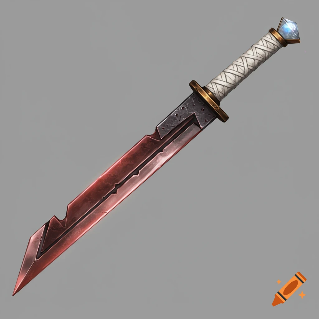 A fantasy sword with a red blade, dark hilt, white grip, and blue crystal pommel