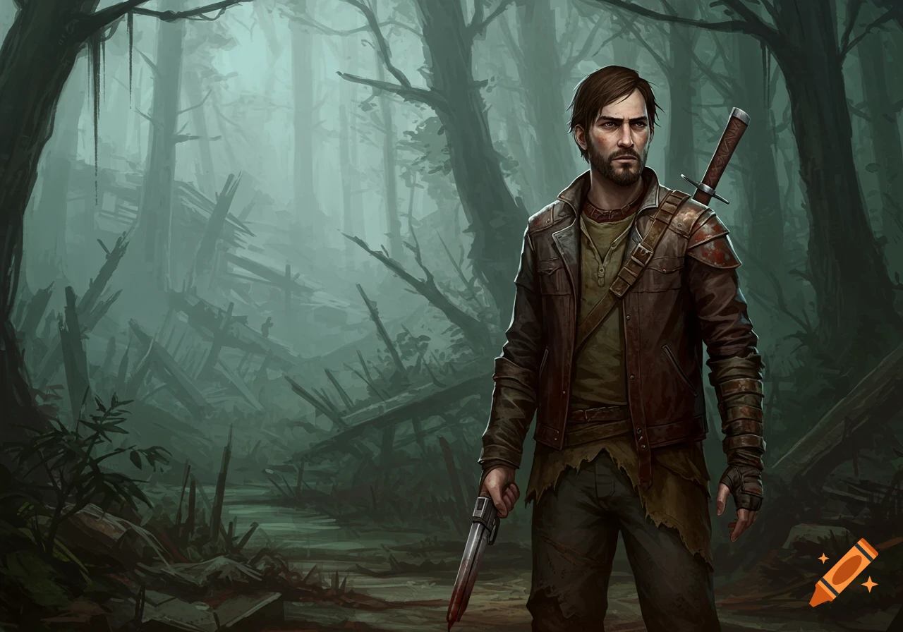 A man with a sword and bloody knife stands in a misty forest with ruins.