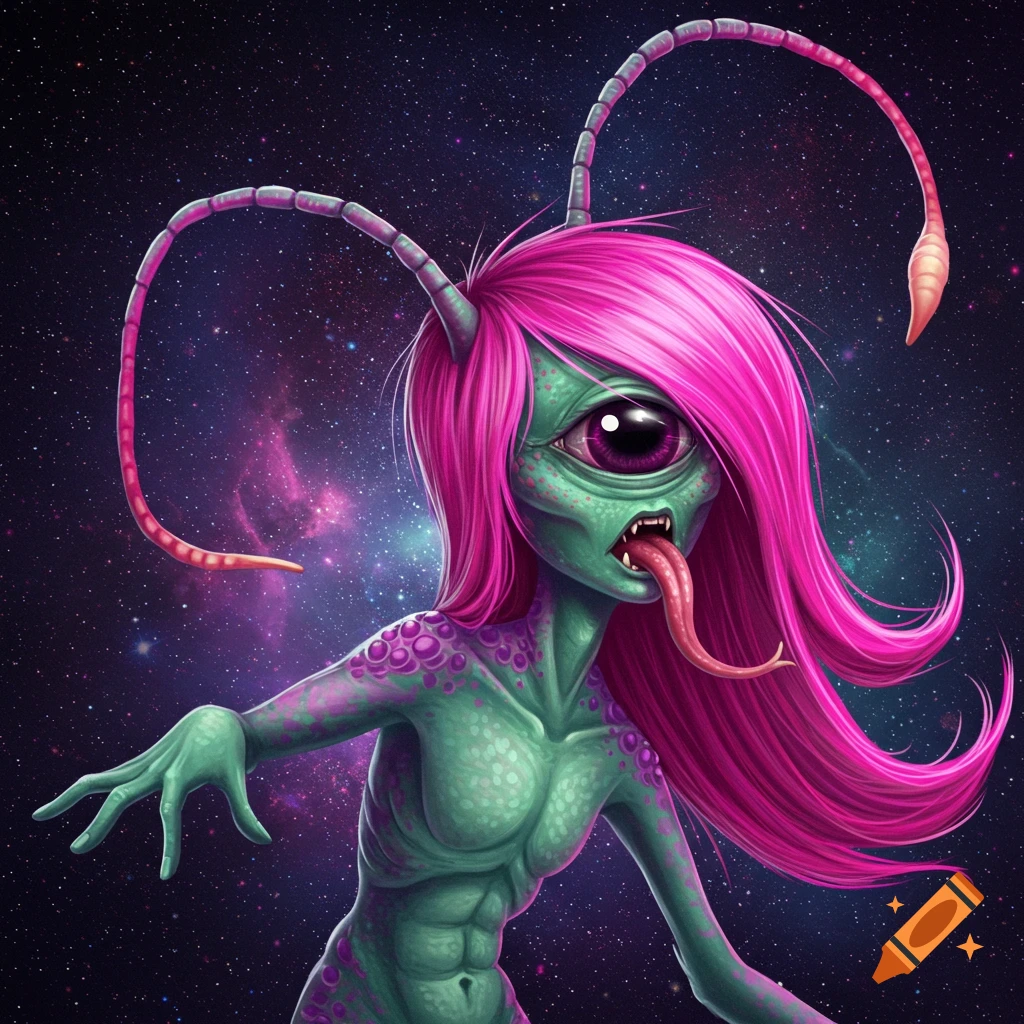 A one-eyed alien with pink hair, long antennae, and a long tongue in space