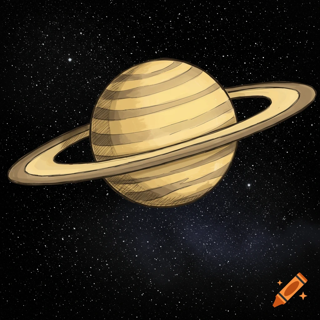 A sketch of Saturn with rings and textured stripes against a starry black sky.